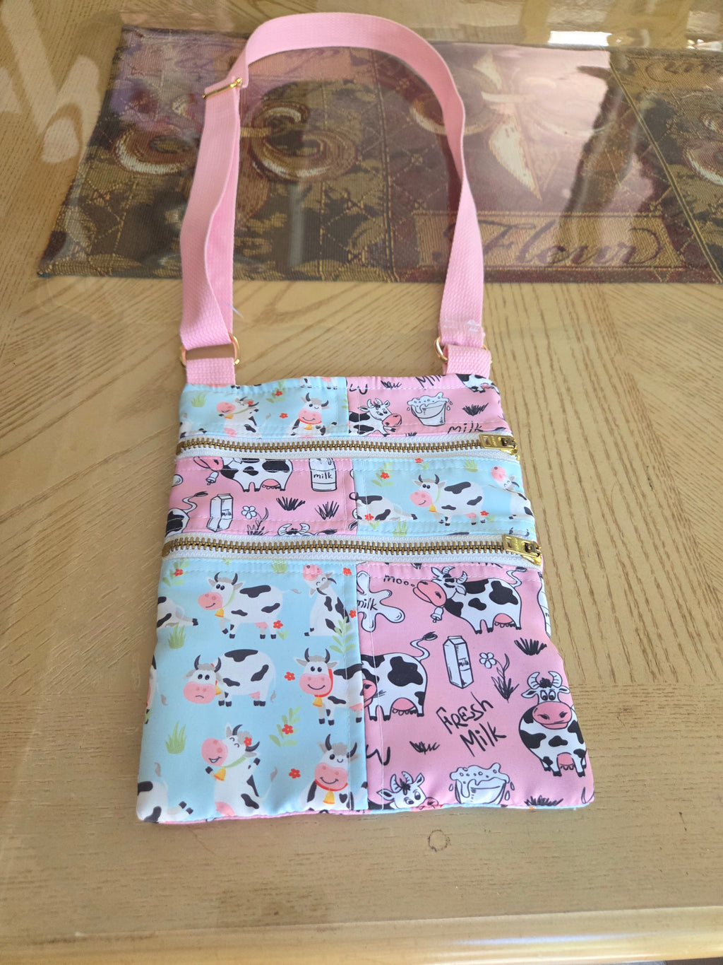 Handmade cow print Crossbody bag pink &blue patchwork purse