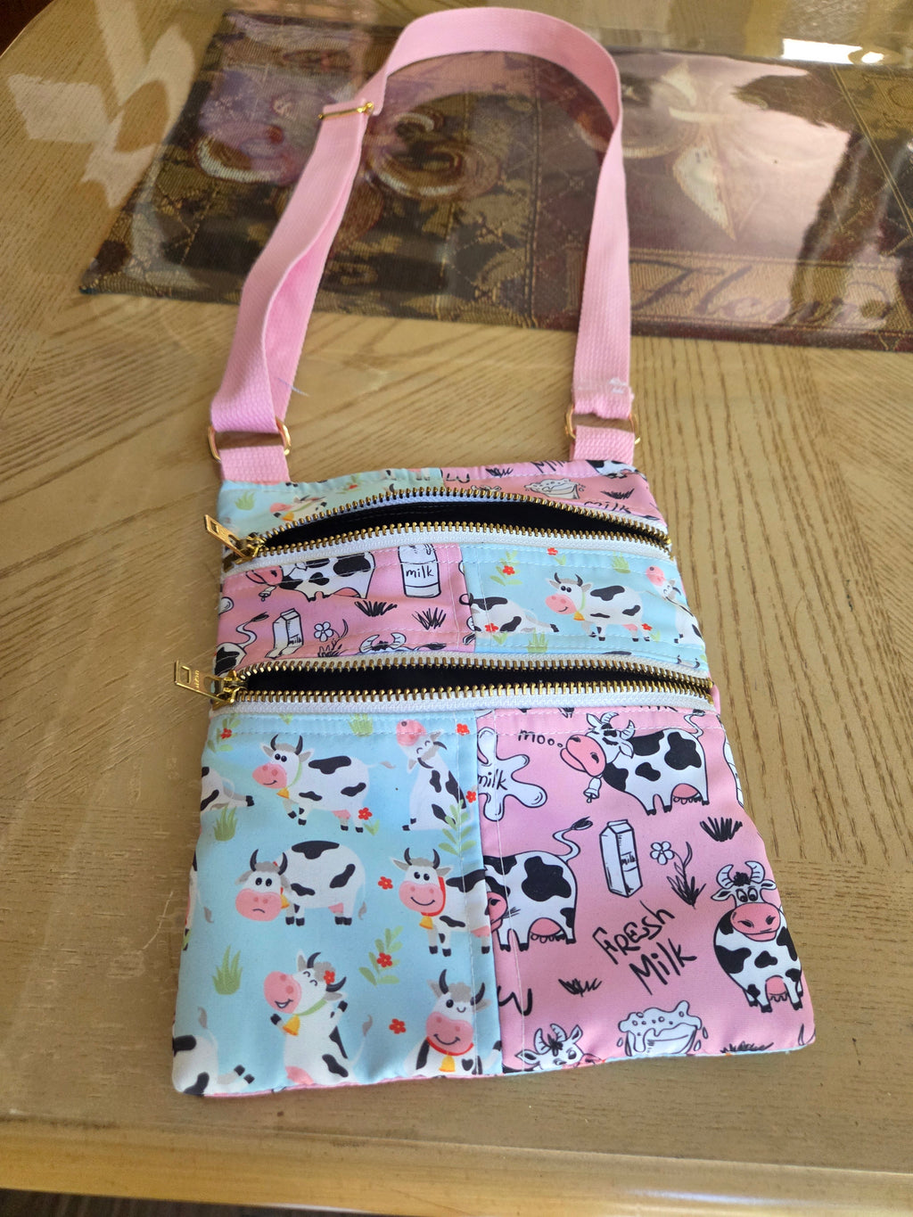 Handmade cow print Crossbody bag pink &blue patchwork purse