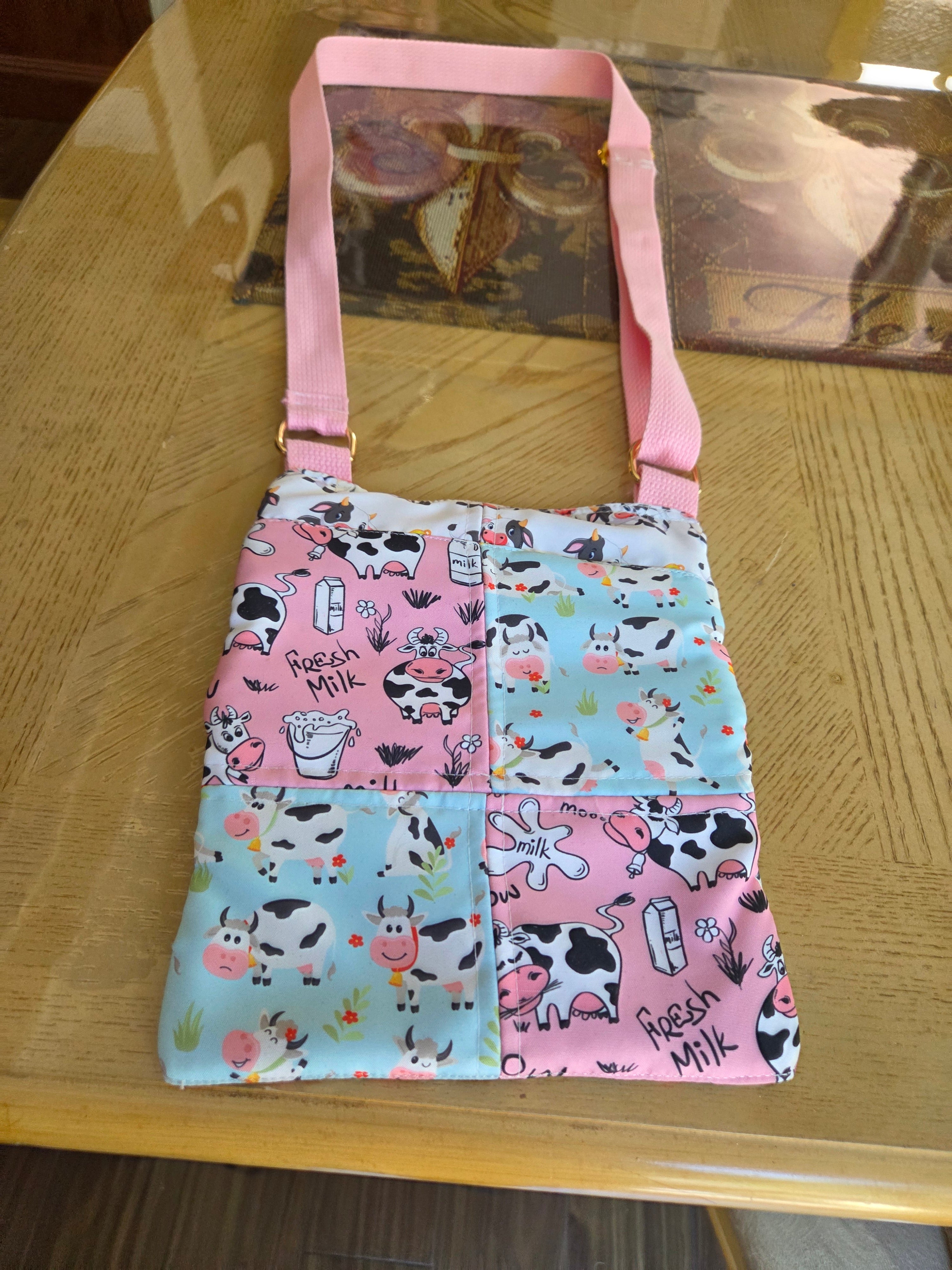 Handmade cow print Crossbody bag pink &blue patchwork purse
