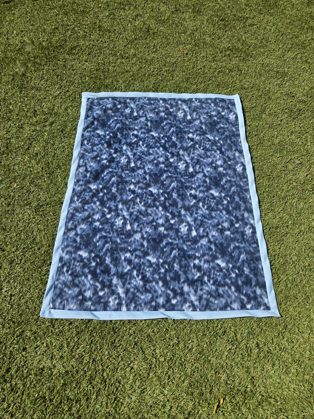 Blue fleece baby blanket, handmade soft polyester throw with light blue piping