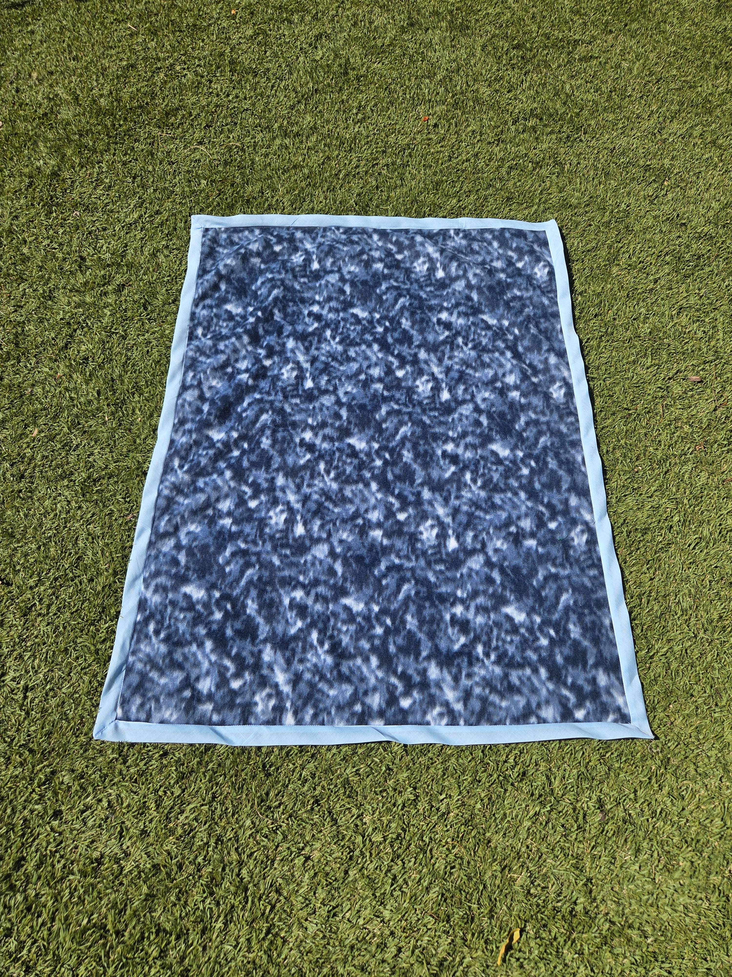 Blue fleece baby blanket, handmade soft polyester throw with light blue piping