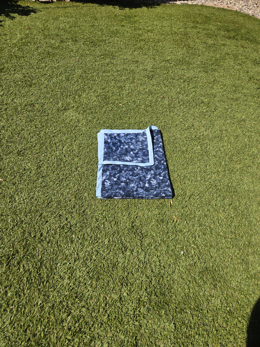 Blue fleece baby blanket, handmade soft polyester throw with light blue piping