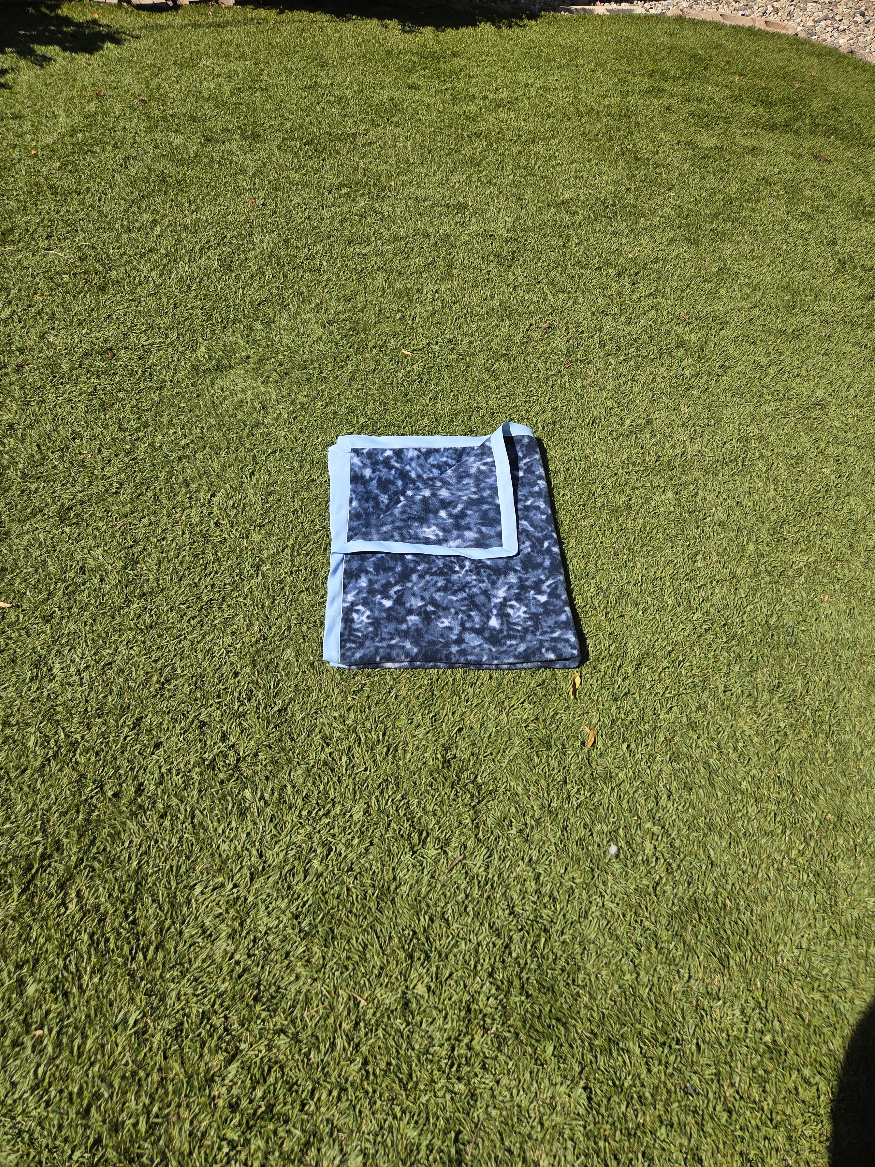 Blue fleece baby blanket, handmade soft polyester throw with light blue piping