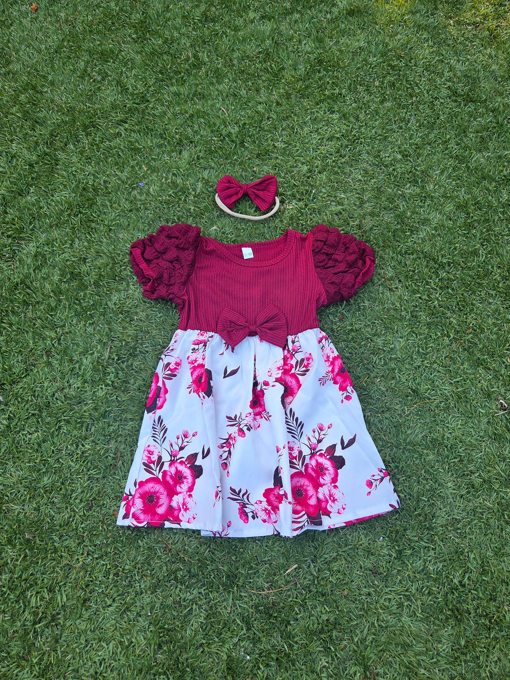 Burgundy floral toddler dress with matching bow headband