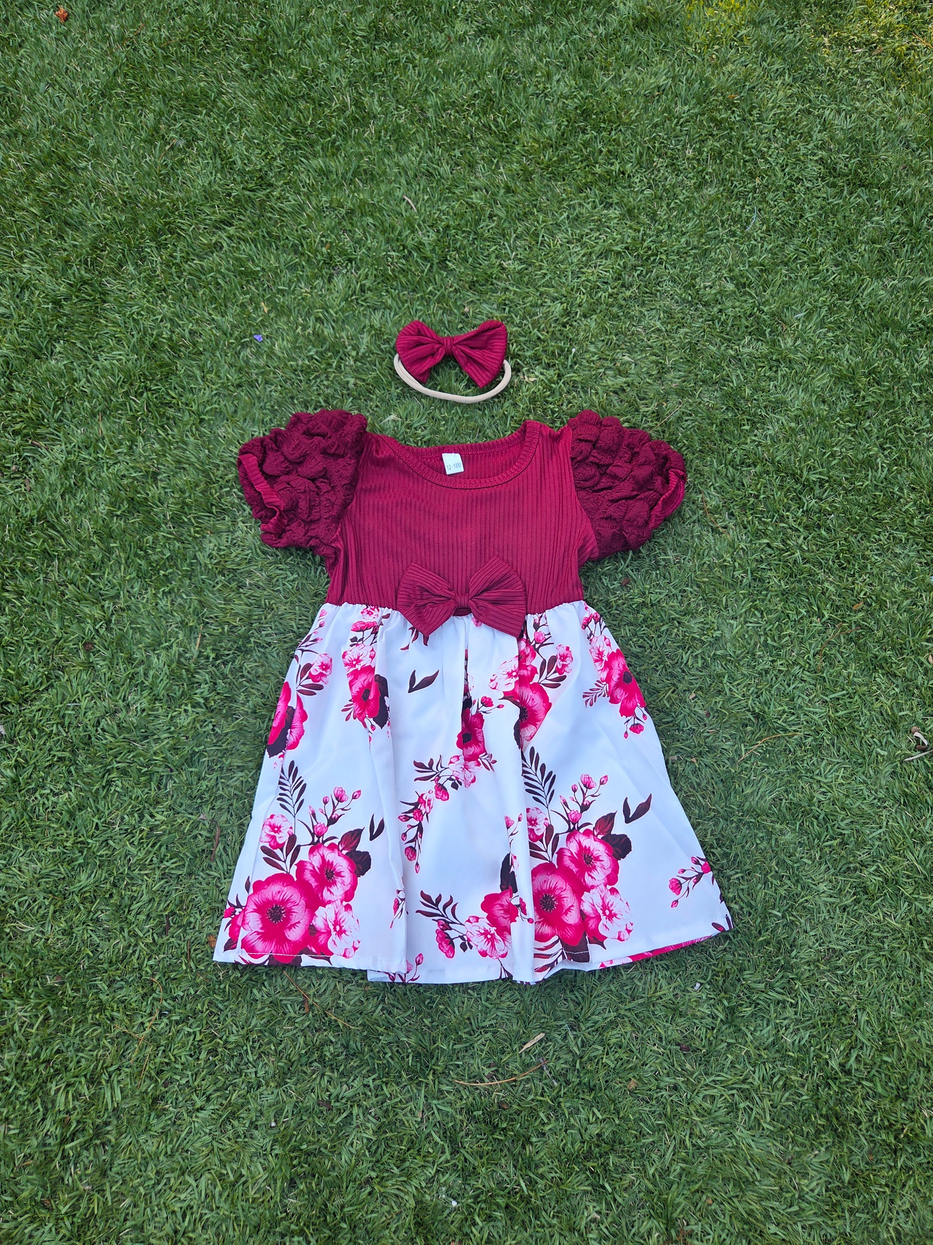 Burgundy floral toddler dress with matching bow headband