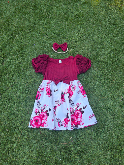 Burgundy floral toddler dress with matching bow headband