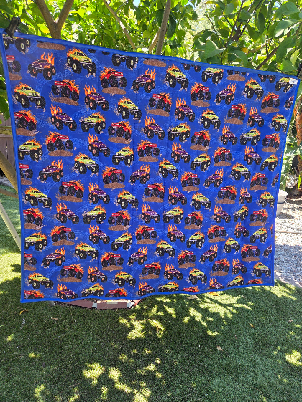 Handmade Monster truck Quilted blanket- 100% cotton front and soft 100% flannel back