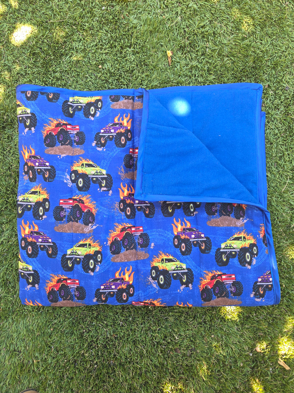 Handmade Monster truck Quilted blanket- 100% cotton front and soft 100% flannel back