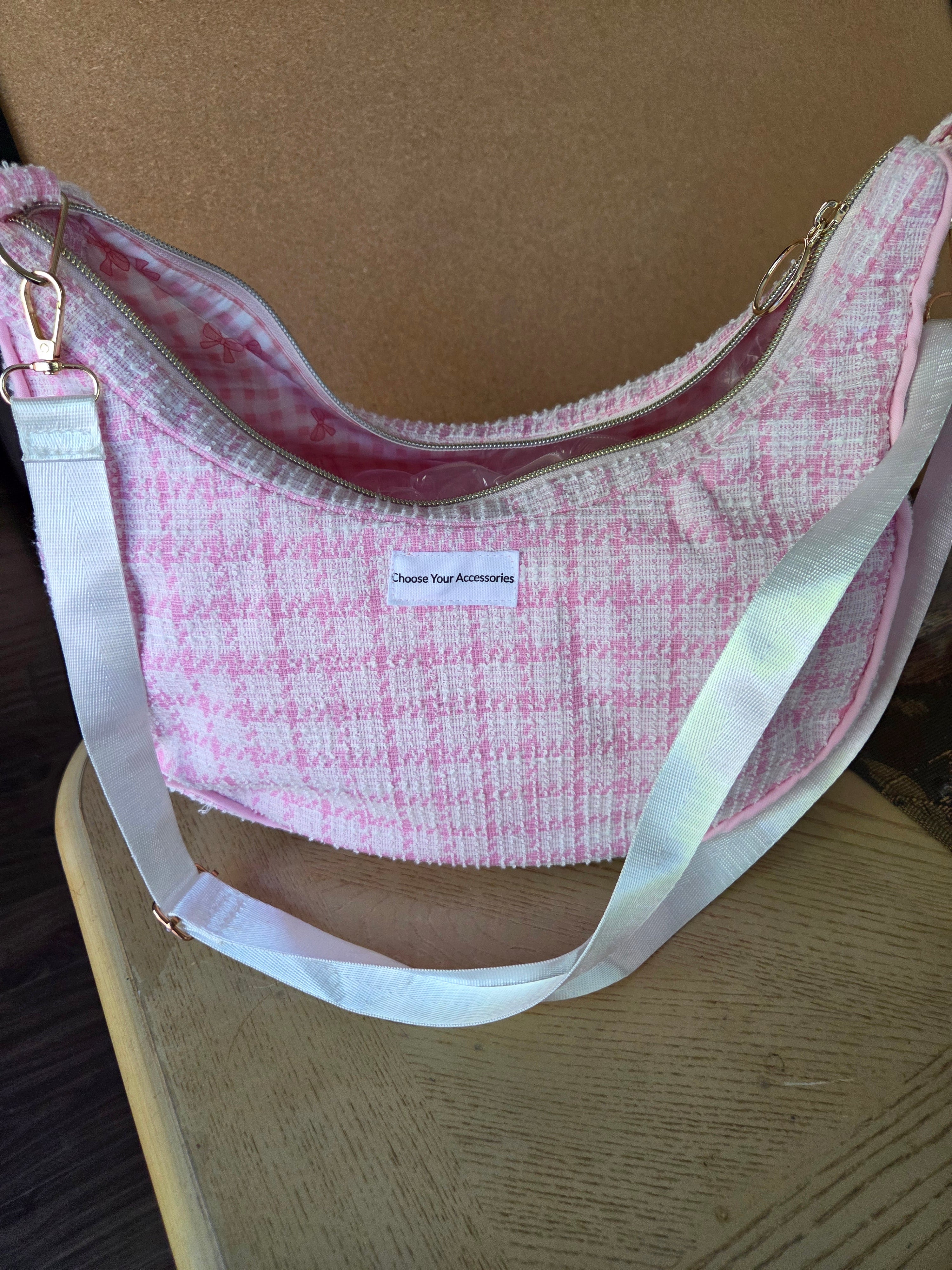 Handmade pink textured shoulder bag.