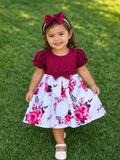 Burgundy floral toddler dress with matching bow headband