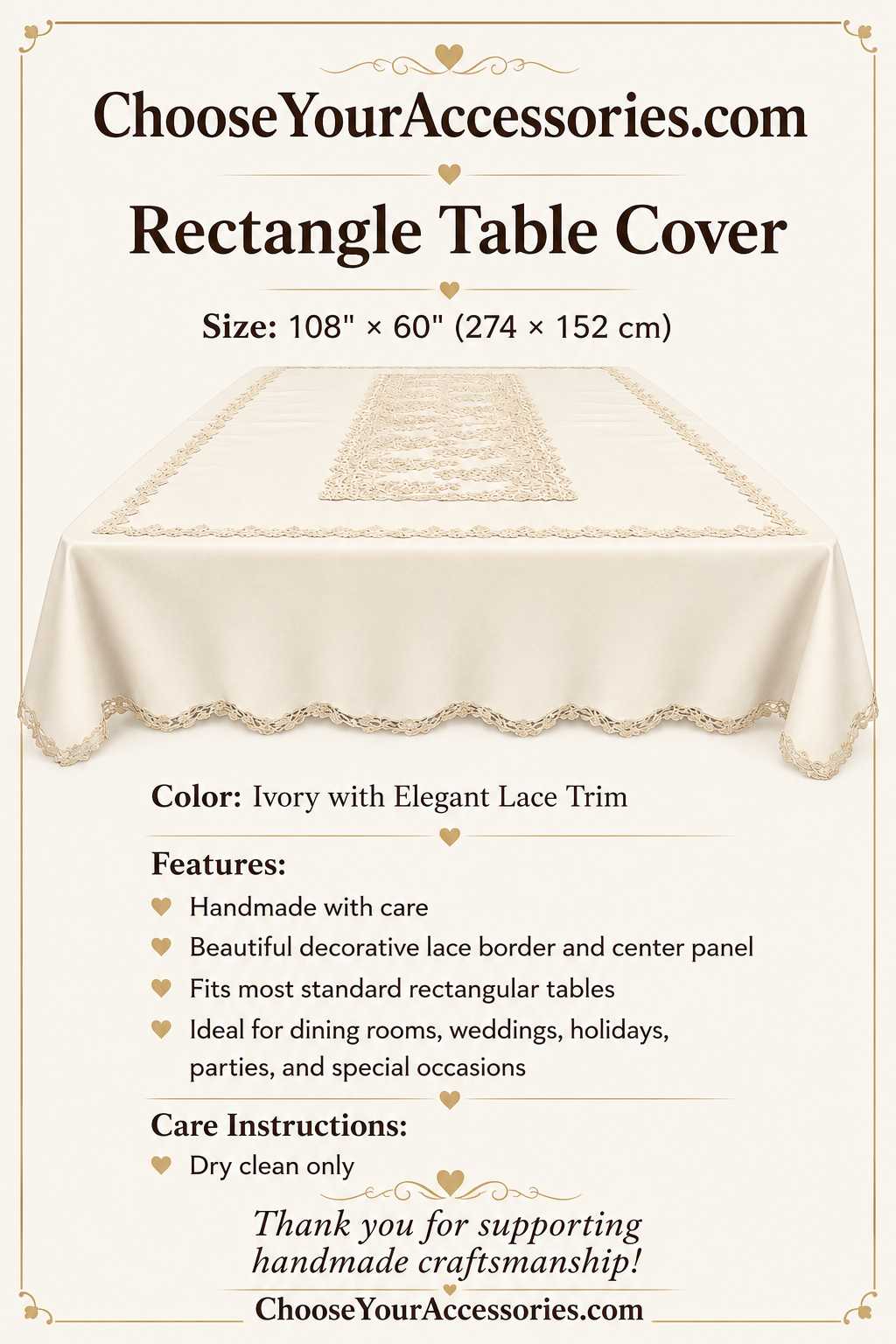 Handmade embroidered lace rectangular table cover