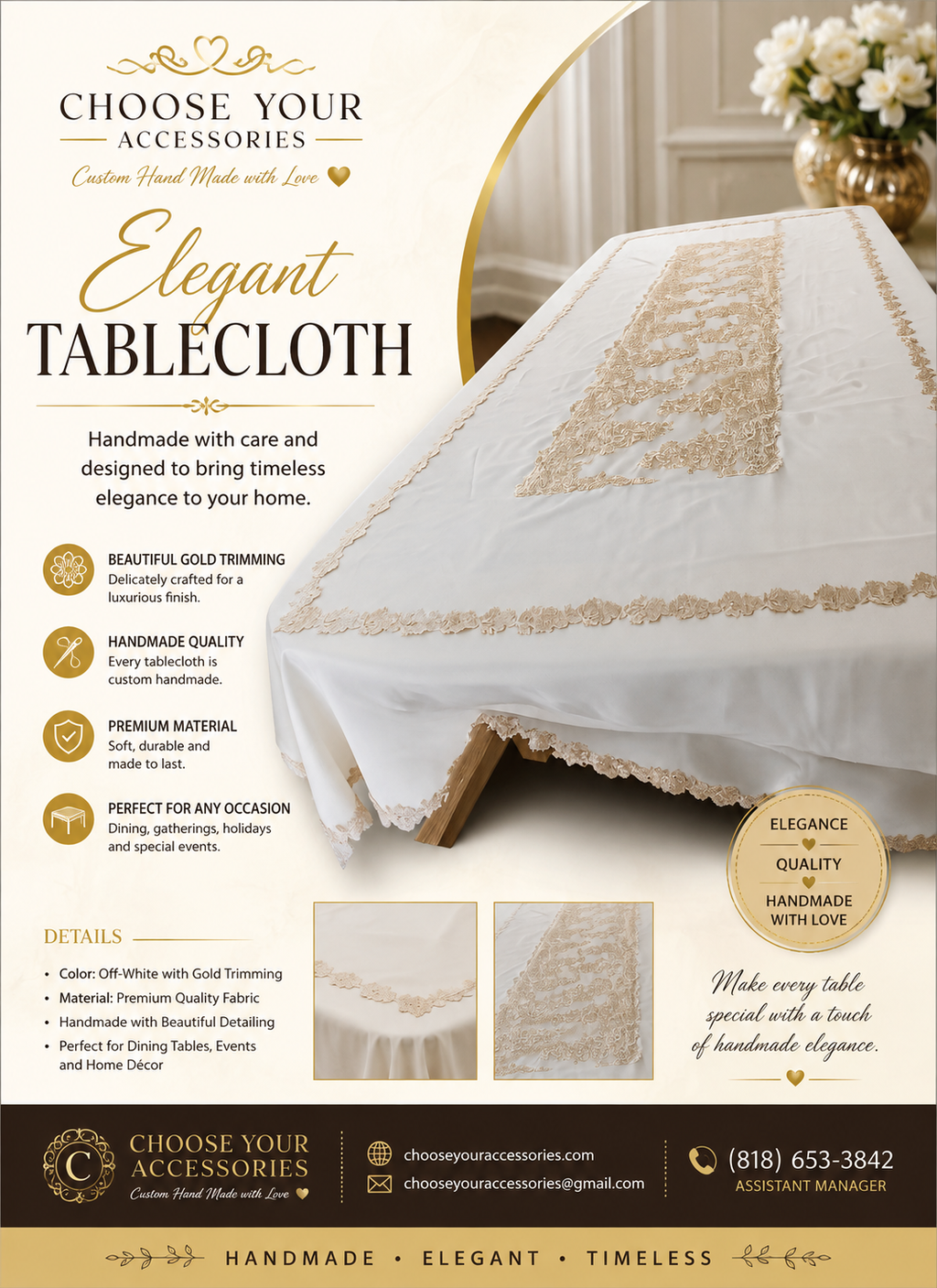 Handmade embroidered lace rectangular table cover