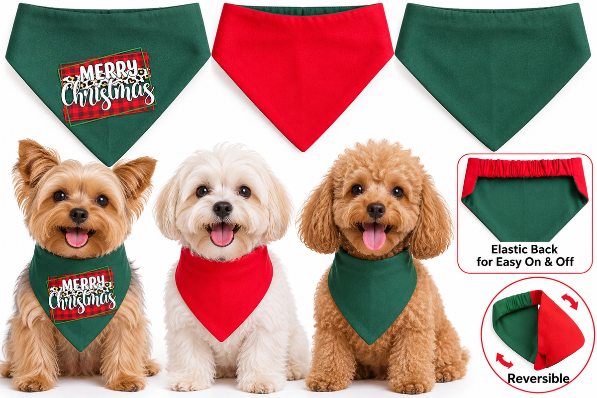 Handmade reversible christmas dog bandana- 100% cotton, elastic back- smal, medium, and large