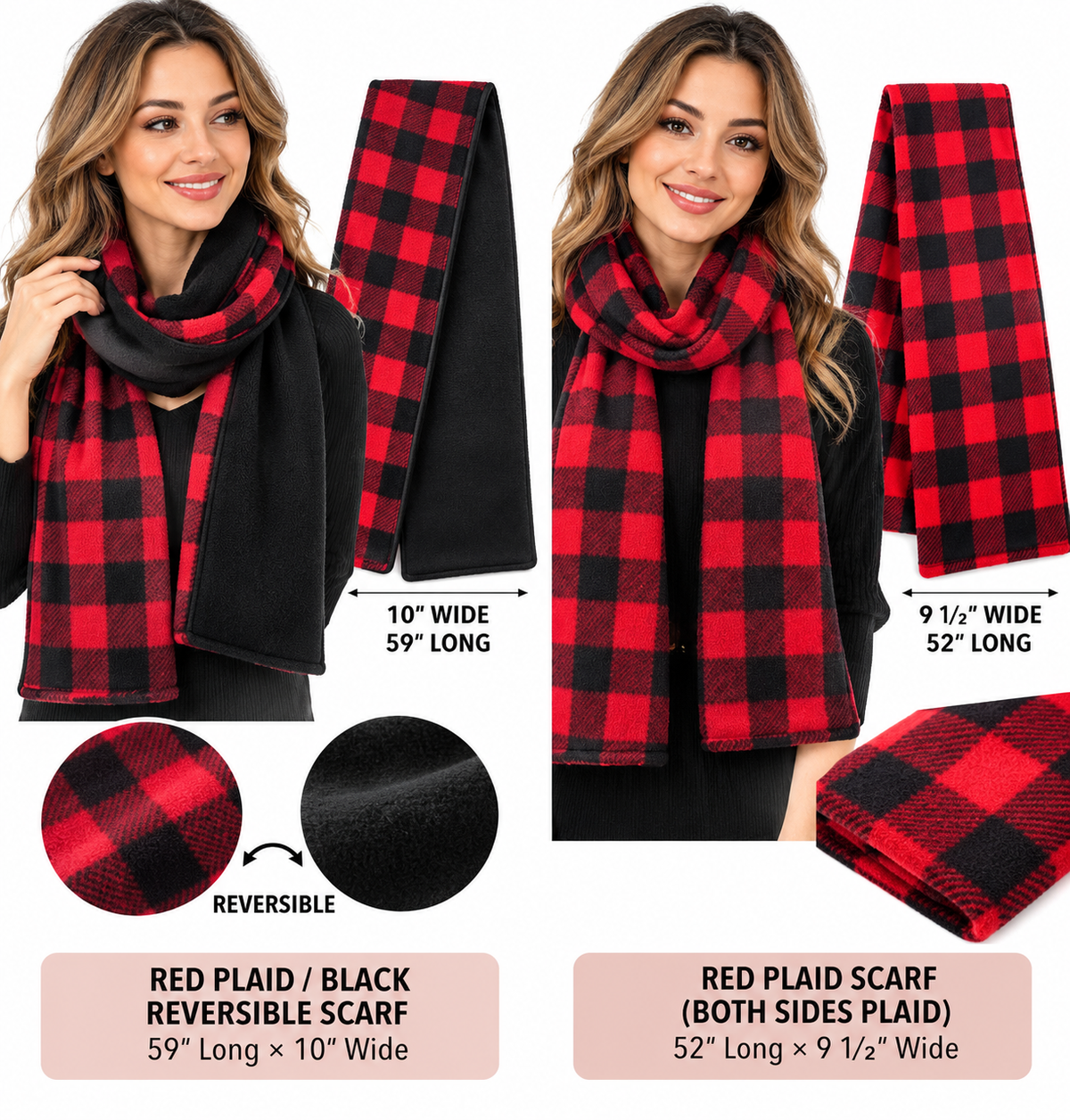 Red and black buffalo plaid reversible winter scarf-solid black reverse