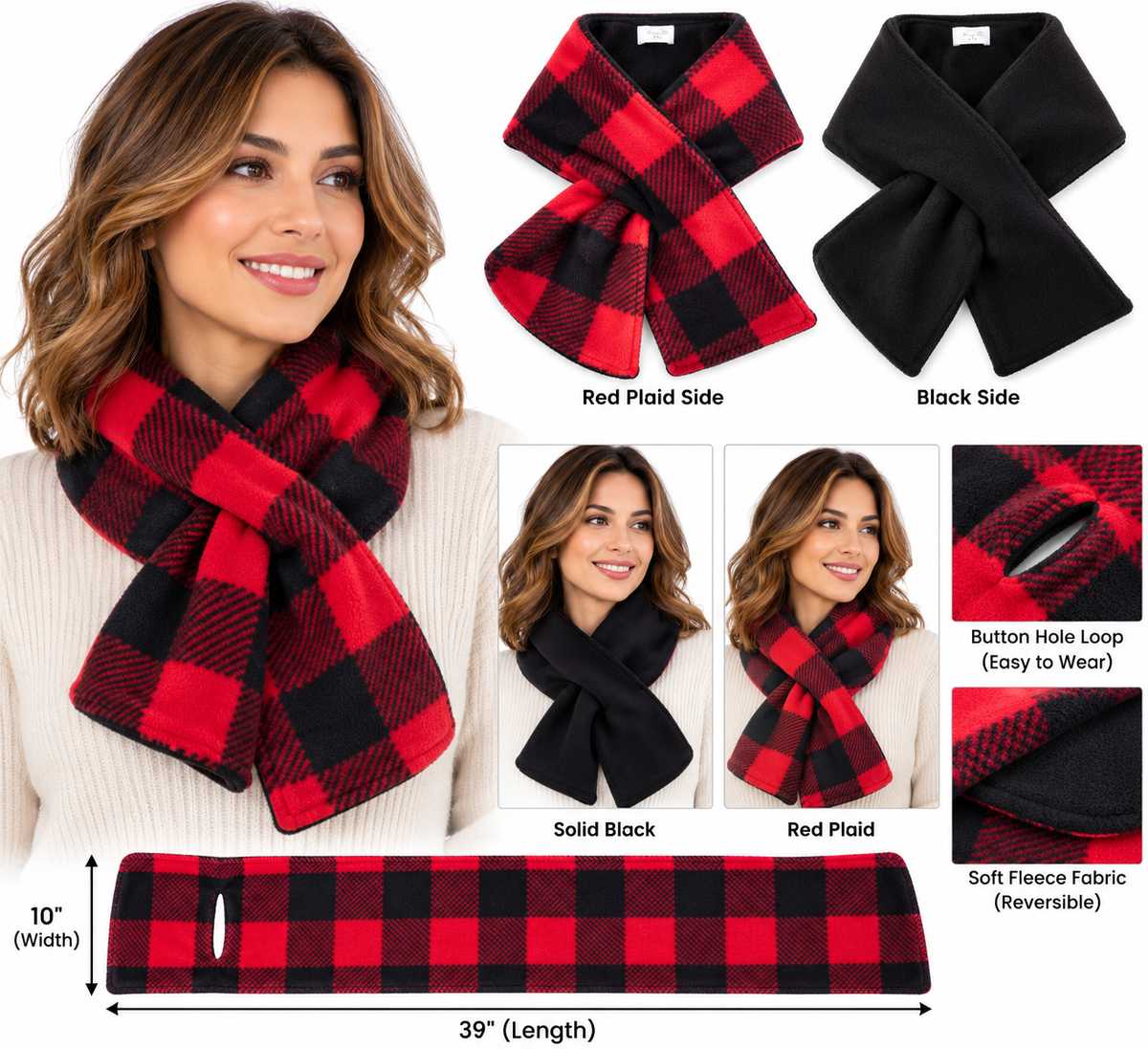 Reversible fleece pull-through scarf- red & black plaid/solid black