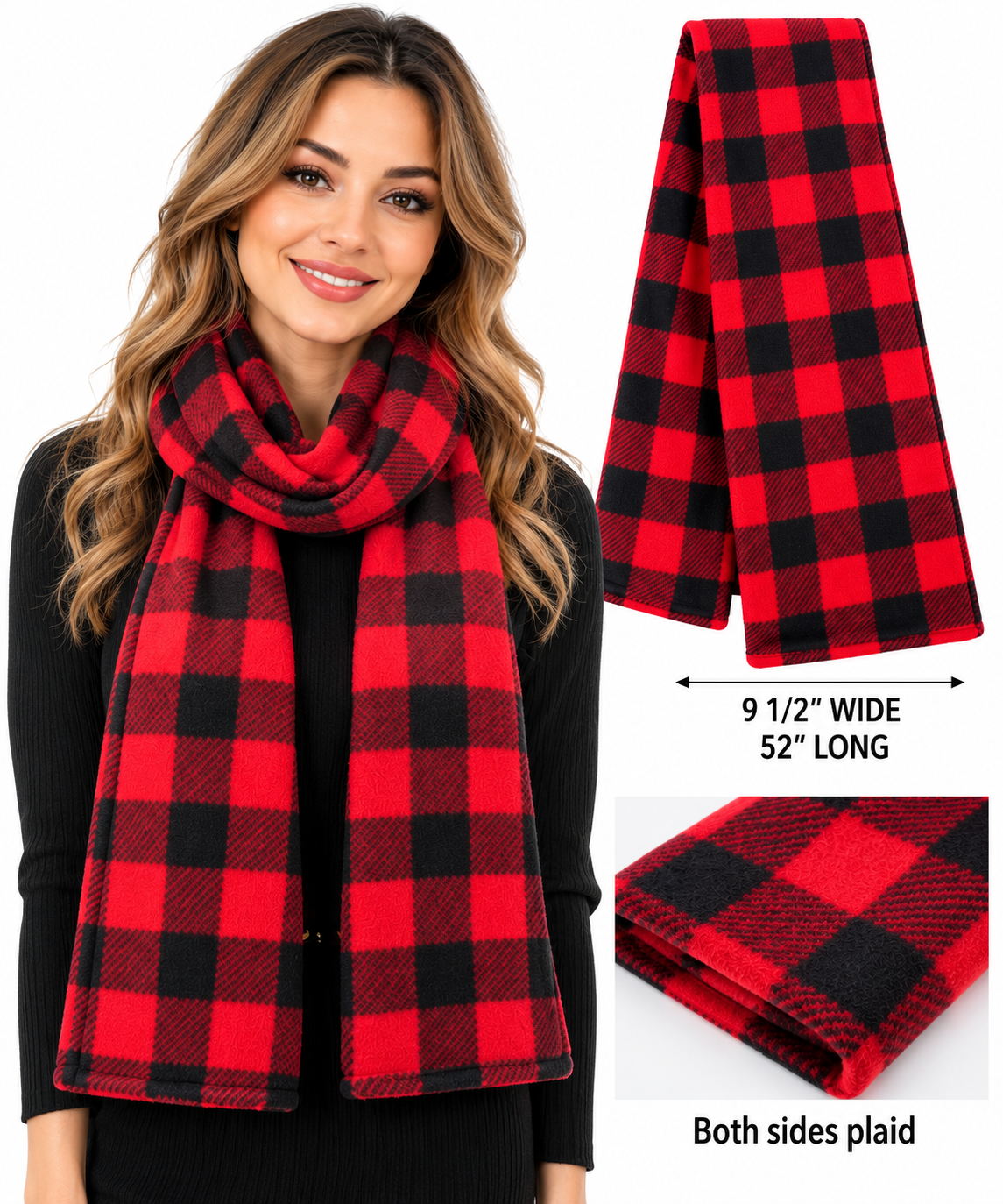 Red & black buffalo plaid double - sided winter scarf